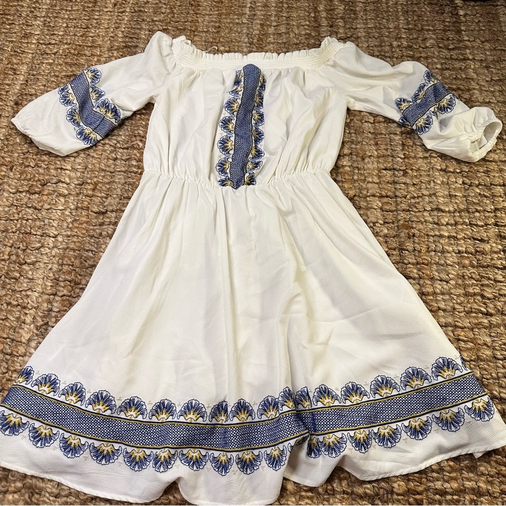 KAARI BLUE PATTERNED OFF SHOULDER DRESS SIZE SMALL